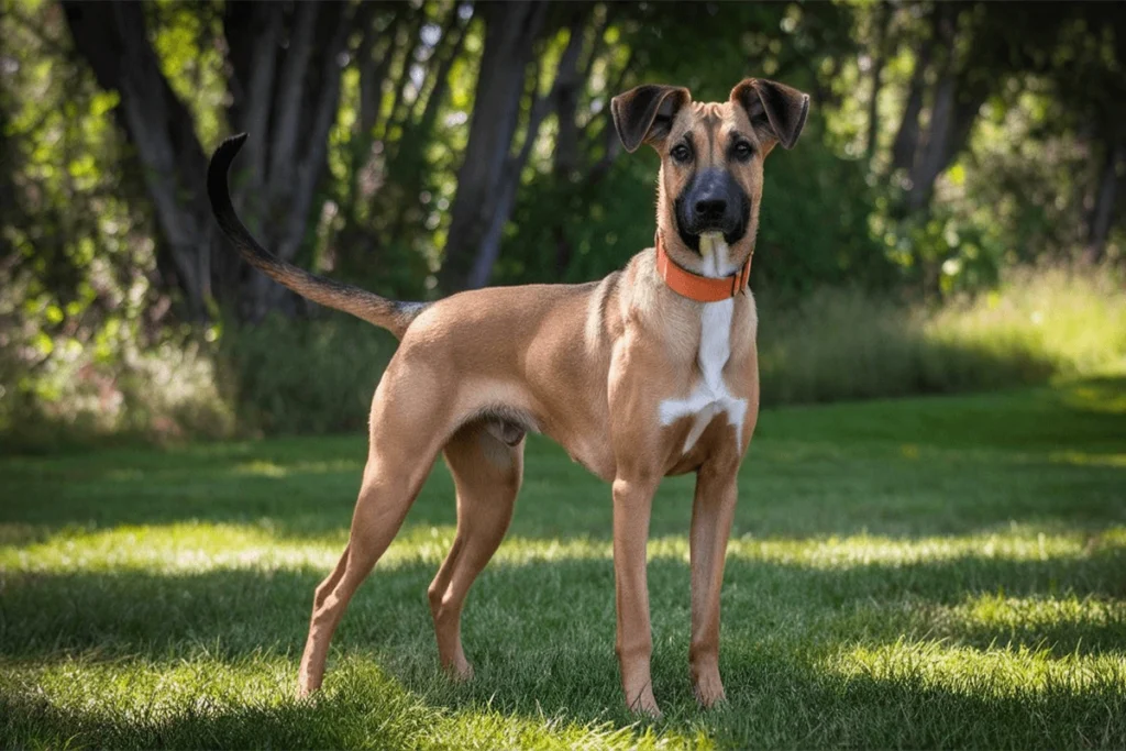  Full-body portrait of a tan and white Black Mouth Cur dog standing on a grassy lawn.