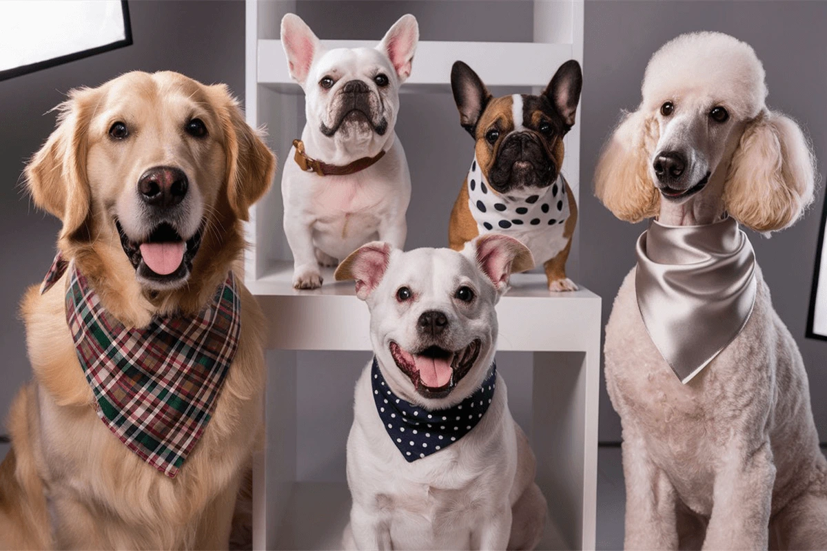 Four dogs posing together: a Golden Retriever in a plaid bandana, two French Bulldogs on a shelf, one in a brown collar and one in a polka dot bandana, and a white Poodle in a silver scarf. A small white dog with a polka dot bandana is below the shelf.