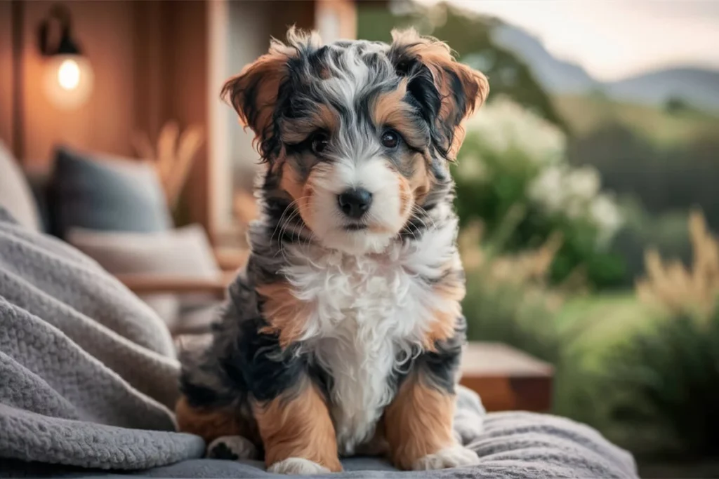 A fluffy mini Aussiedoodle puppy with brown, black, and white markings sits on a gray blanket in an outdoor setting. The puppy has a sweet expression and looks directly at the camera.