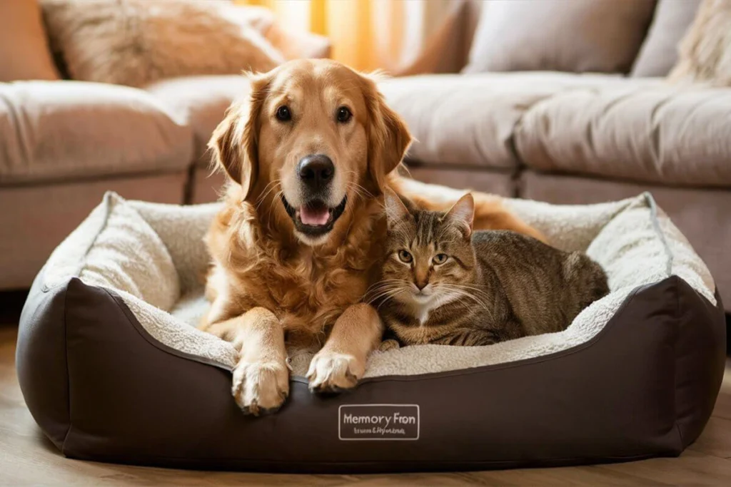 A golden retriever dog and a tabby cat share a large brown pet bed with a white lining in a living room.