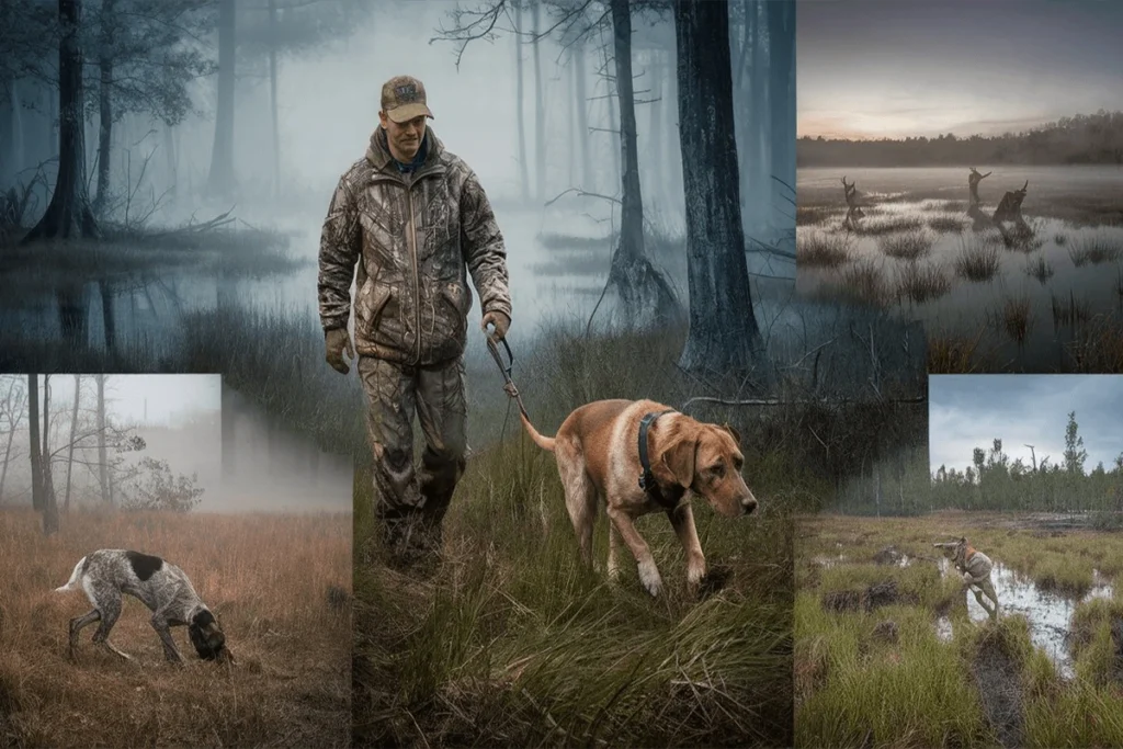 Collage of five images depicting a man and various hunting dogs in outdoor settings.