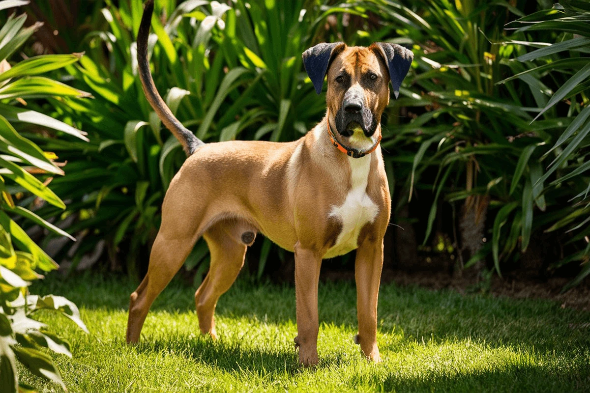 Full-body view of a tan and white Black Mouth Cur dog standing in a garden with green foliage.