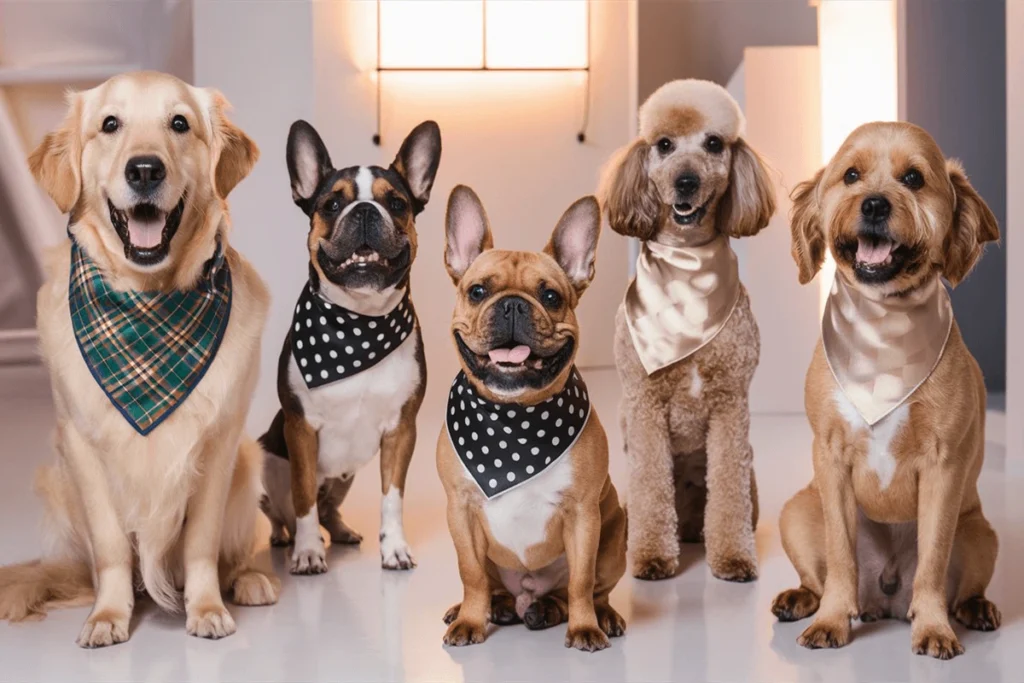 Five dogs sitting side-by-side: a Golden Retriever in a plaid bandana, a French Bulldog in a polka dot bandana, a second French Bulldog in a polka dot bandana, a Poodle in a silk scarf, and a Golden Retriever in a silk scarf.