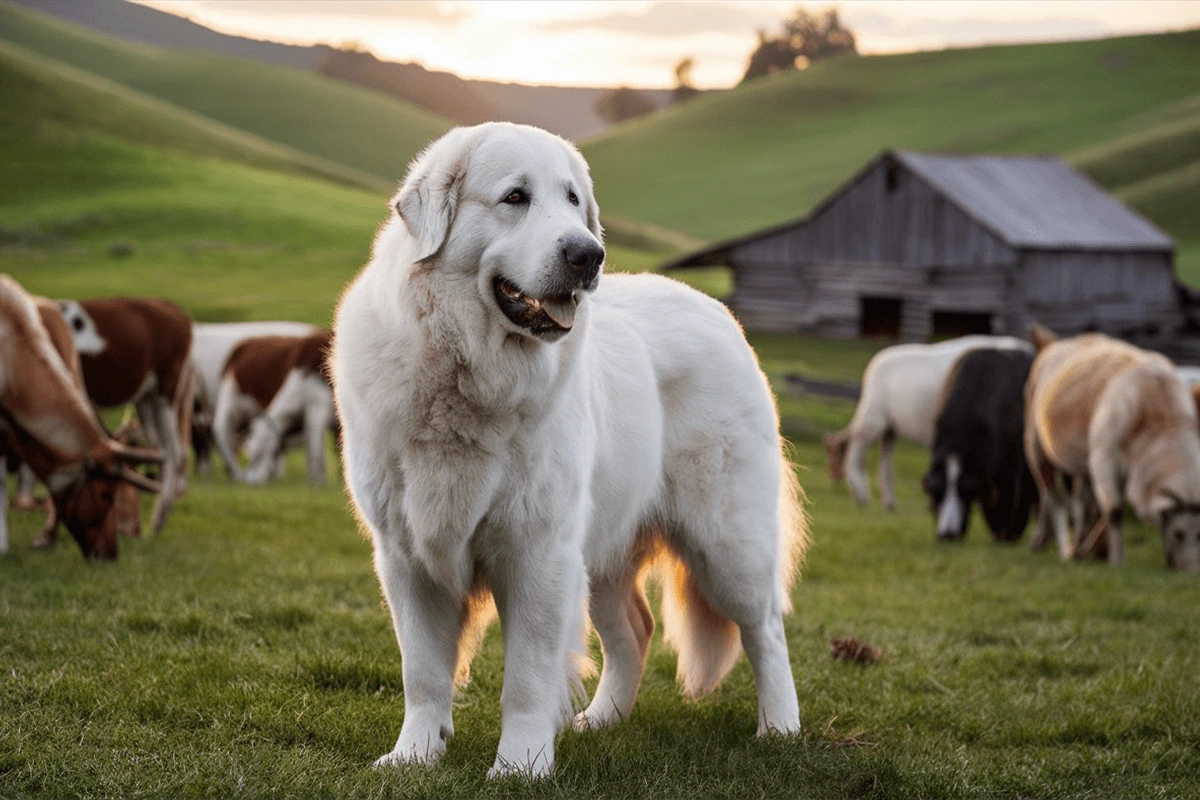 A large, white Colorado Mountain Dog stands in a field with grazing cattle in the background. A weathered barn sits on a hill behind.