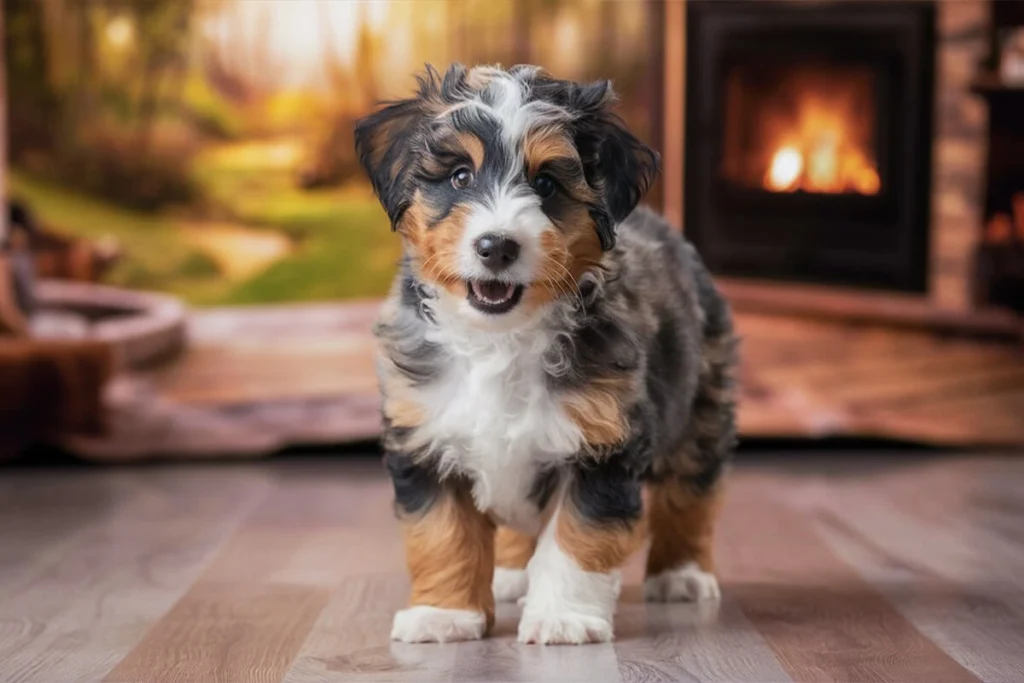 A small mini Aussiedoodle puppy stands on a light wooden floor indoors, with its mouth slightly open in a playful or happy expression