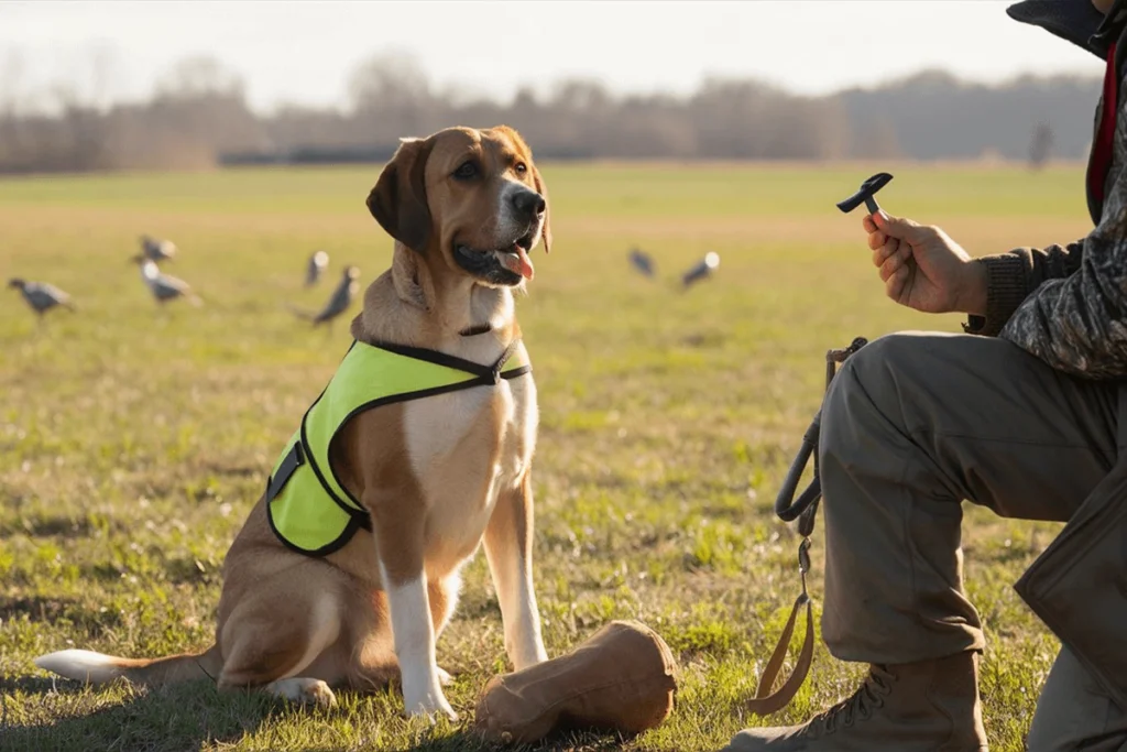 A tan and white dog wearing a yellow vest sitting next to a man holding a training tool.