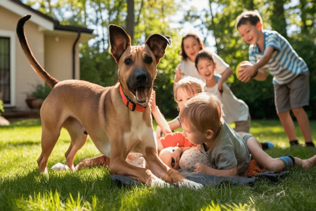 Tan and white Black Mouth Cur dog interacting with a group of children in a backyard.