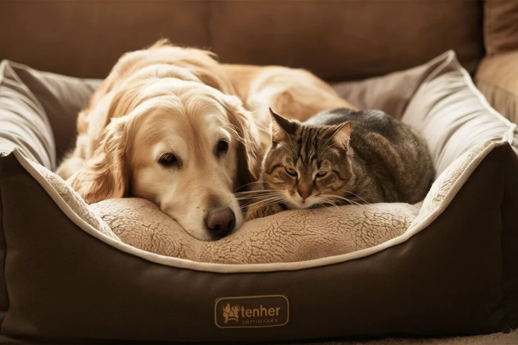 A golden retriever and a tabby cat are resting close together