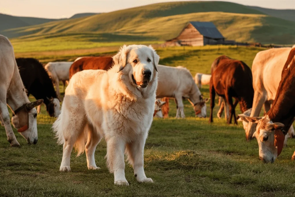 A Colorado Mountain Dog stands in a pasture with a herd of cattle in the background. The dog is looking toward the viewer with its tongue slightly out.