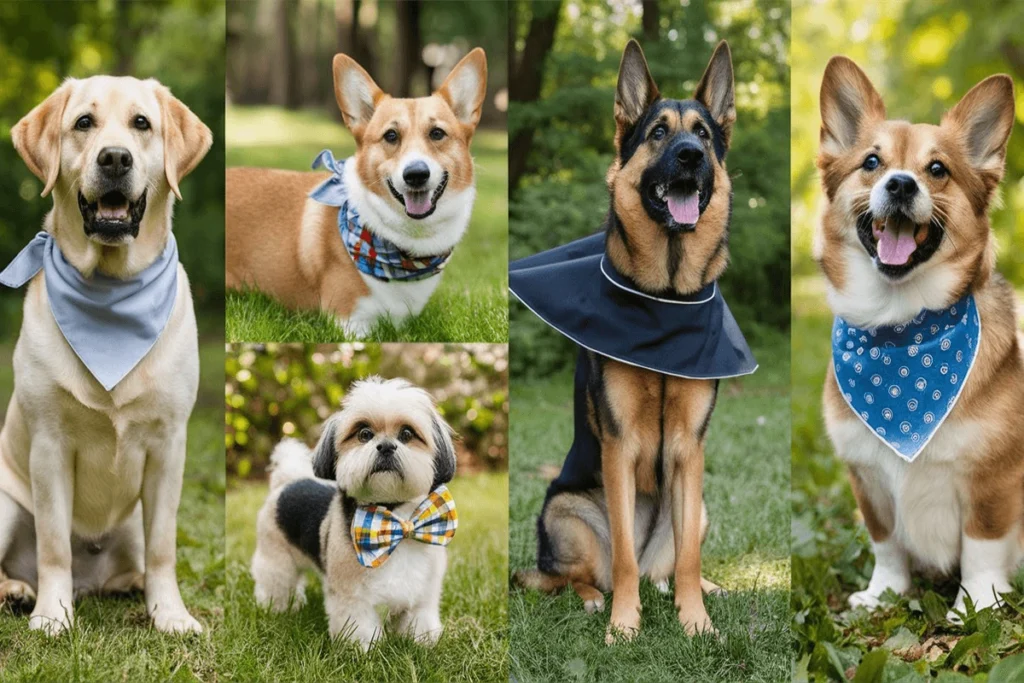 Collage of six dogs in outdoor settings: a yellow Labrador in a blue bandana, a tan and white Corgi in a plaid bandana, a German Shepherd in a black cape, a white and black Shih Tzu in a bow tie, and two Corgis in blue bandanas on grass.