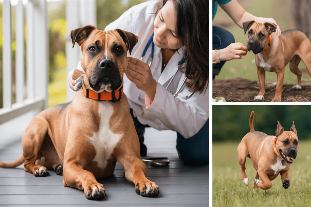 Collage of three images featuring a tan and white Pup, including a vet visit, treat time, and running.