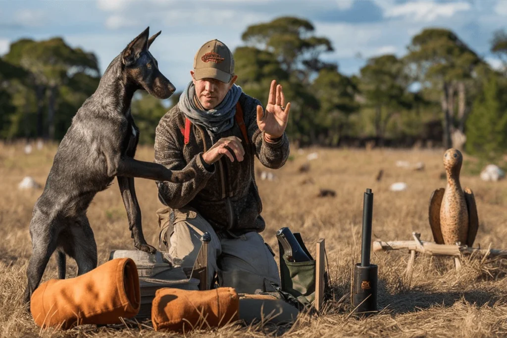 A grey dog standing near a man with training equipment in a field.