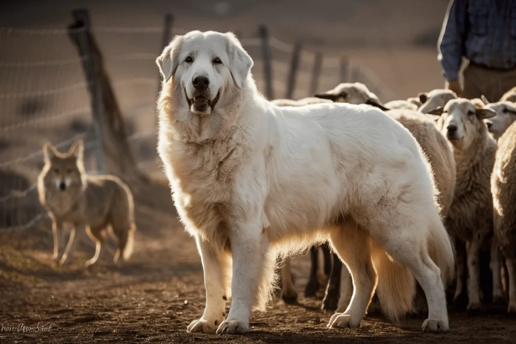 A large, white Colorado Mountain Dog stands guard among a flock of sheep while a coyote is visible in the background.