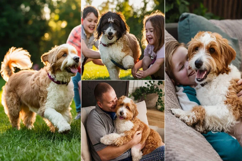 A collage of five images showcasing the life of a mini Aussiedoodle, including one playing outdoors with children, a man cuddling it, a child hugging it, and the dog running outdoors.