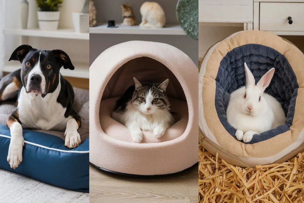 A collage of three different pet beds with different animals: a dog, a cat, and a rabbit.