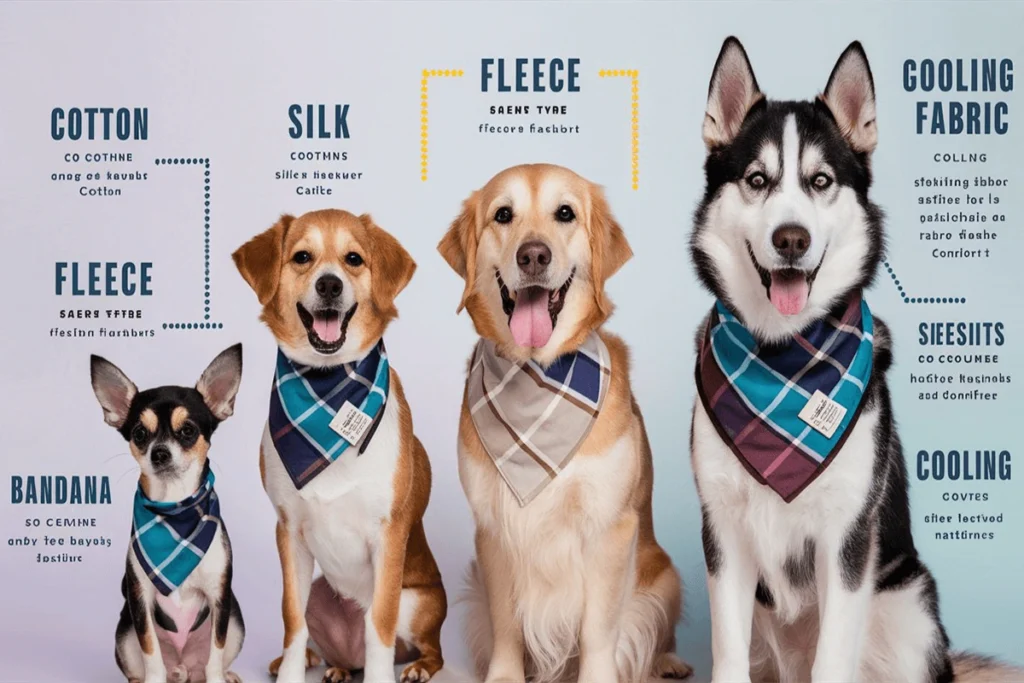 Four dogs modeling different fabrics: A small Chihuahua in a blue bandana is next to two light brown dogs in different bandanas, and an Alaskan Husky in a plaid bandana, along with a text overlay describing fabrics.