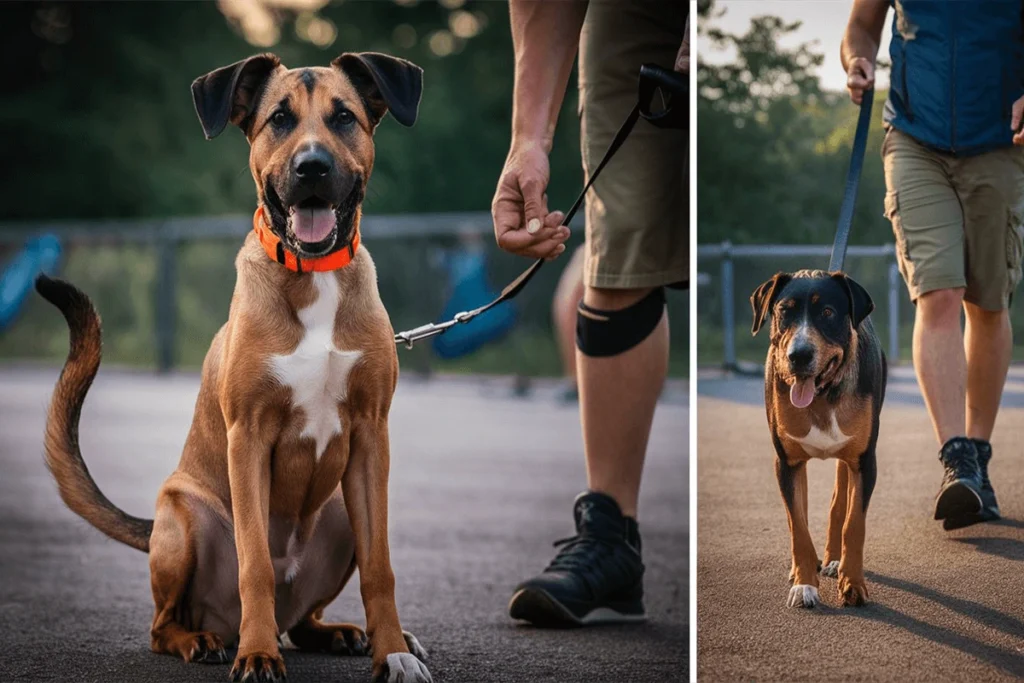 Collage featuring a tan and white Black Mouth Cur dog on a walk and a dog walking on leash.