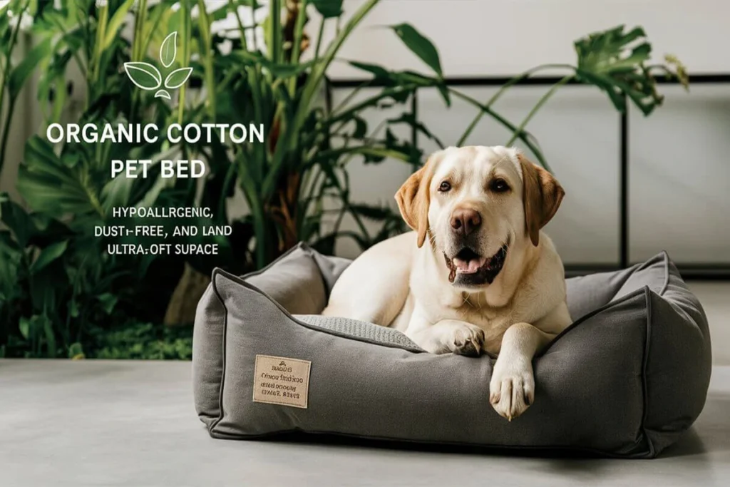  A light yellow Labrador dog lies in a gray pet bed with a tag that says “ANGUS”, surrounded by lush green plants