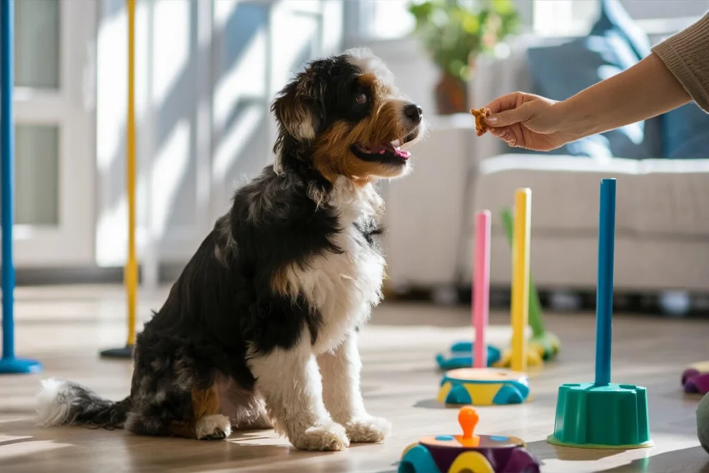 sits indoors, looking at a treat being offered by a human hand. There are several brightly colored training poles nearby.