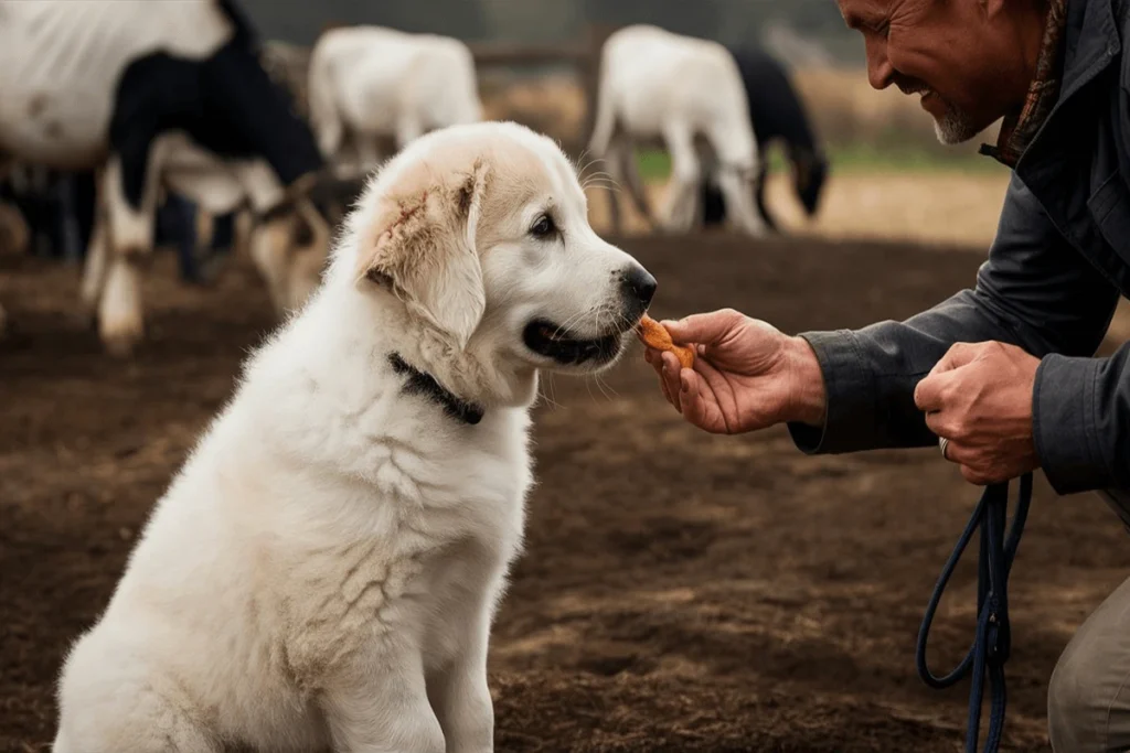 A puppy is being hand-fed a treat by a man. A herd of cows can be seen behind them.