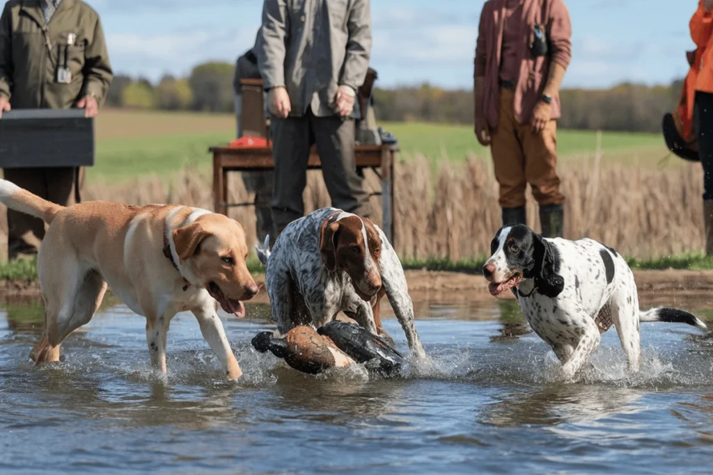 Three hunting dogs retrieving a training duck from shallow water, with people standing nearby.