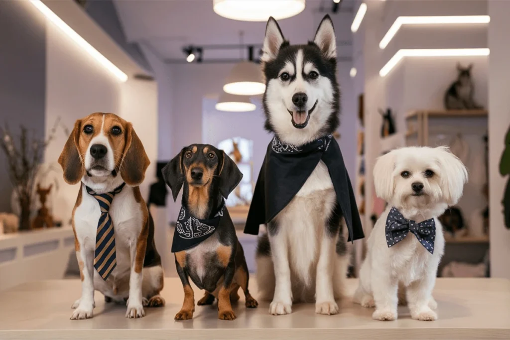 Four dogs sitting on a table in a store.