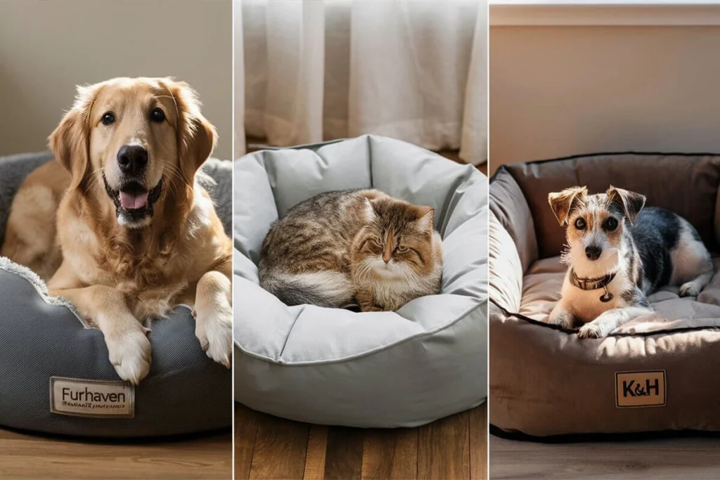 A collage showing adog, a cat, and a small dog.