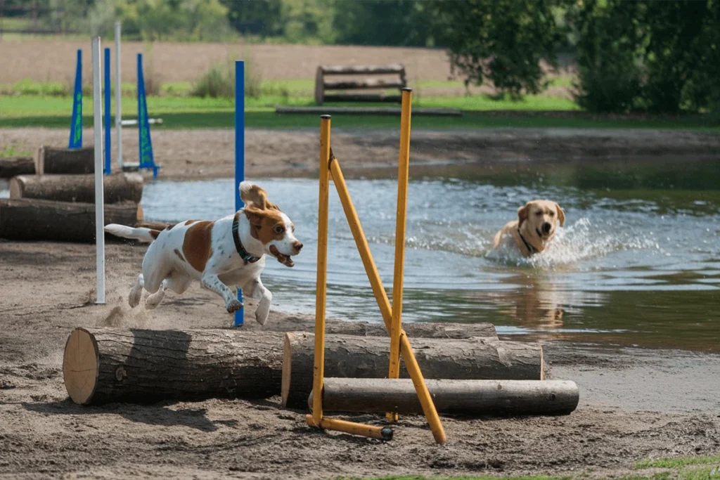 A white and brown dog jumping over logs during an agility course as another dog swims in a pond.