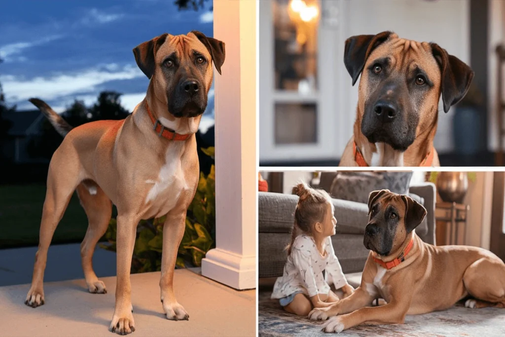 Collage with three images of a tan and white Pup, a full body shot at dusk, a close up, and playing with a child.