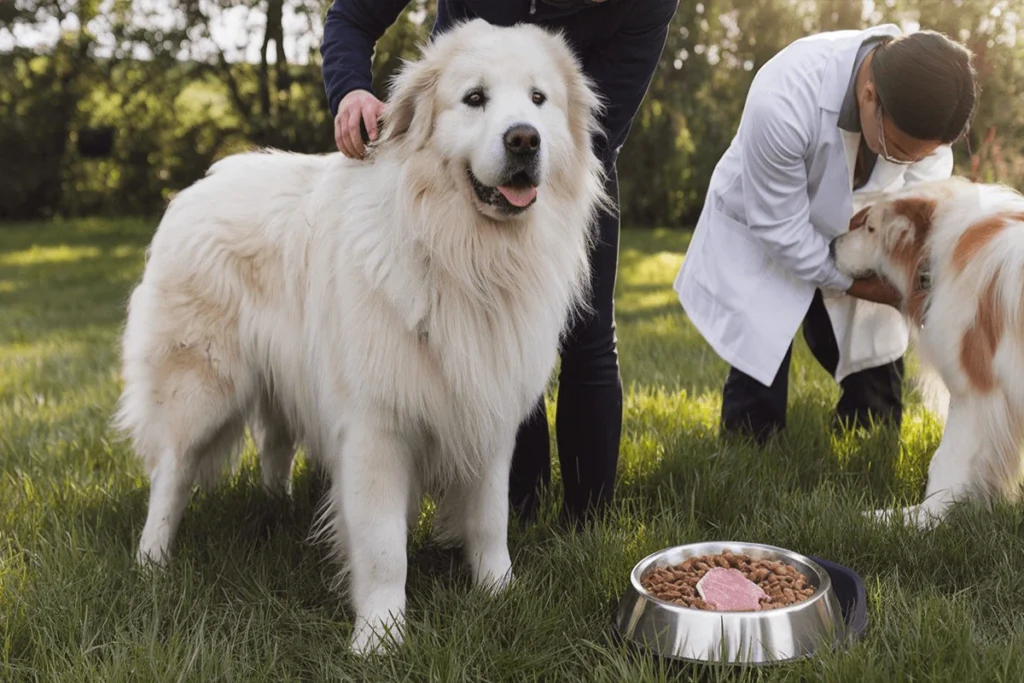 stands patiently while a veterinarian examines another dog, and a bowl of dog food sits in the foreground.