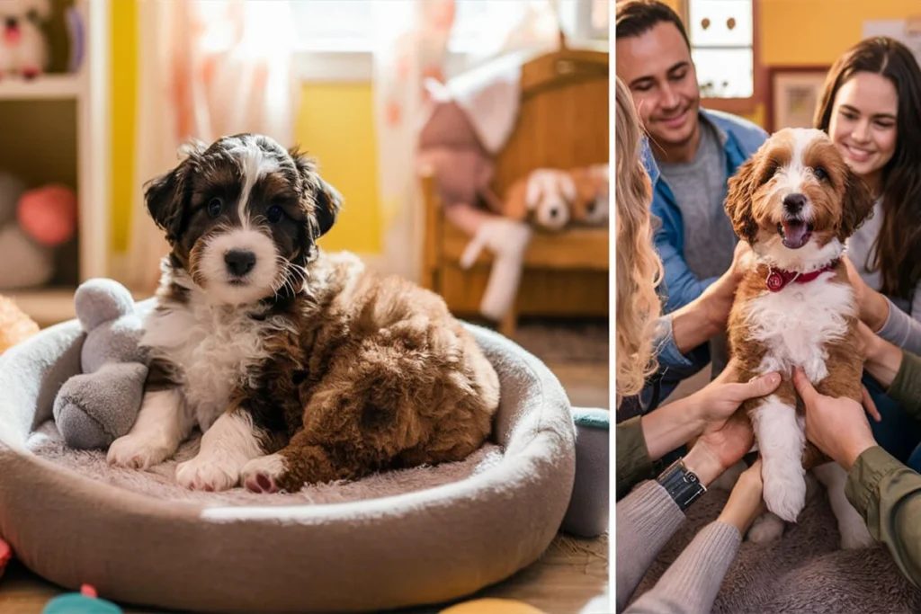  A mini Aussiedoodle puppy in a puppy bed and a group of hands petting a mini Aussiedoodle puppy.