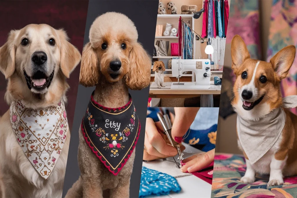 Collage of four images: two light brown dogs in bandanas, and two images of crafting at a sewing table and hands using a sewing machine.