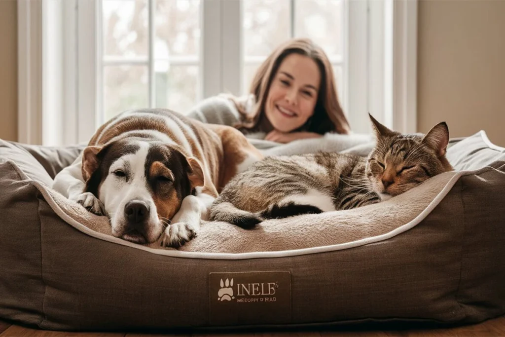 A brown and white dog and a tabby cat sleep in a beige pet bed with a woman lying behind them.