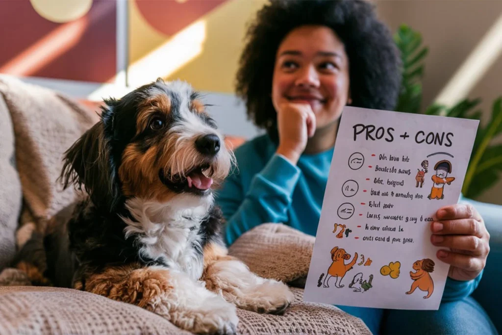 A Little Pup sits on a couch next to a woman who is holding a pros and cons list with illustrated images and text.