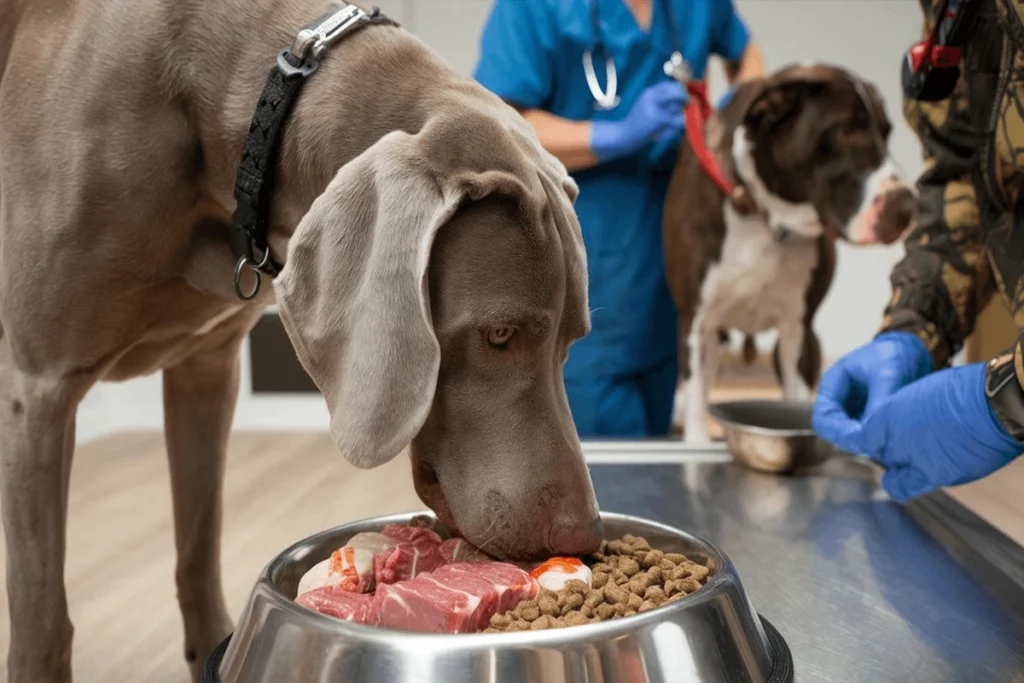 Close up of a grey dog eating food from a bowl, with veterinarians visible in the background.