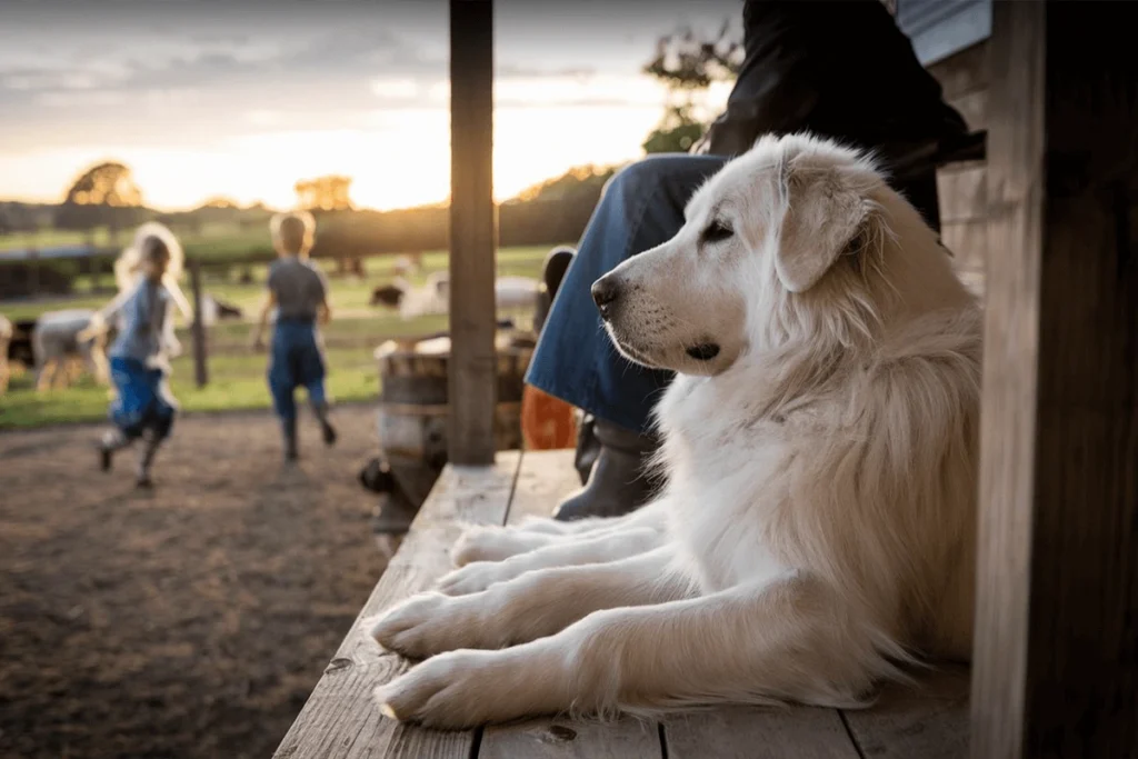  A Colorado Mountain Dog lies on a porch, with a relaxed posture, as children play in the background of the farm.