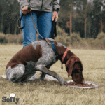 A German Shorthaired Pointer dog with a red collar and a harness eats from a food bowl on the ground while a person in jeans and a jacket stands nearby, holding the leash.