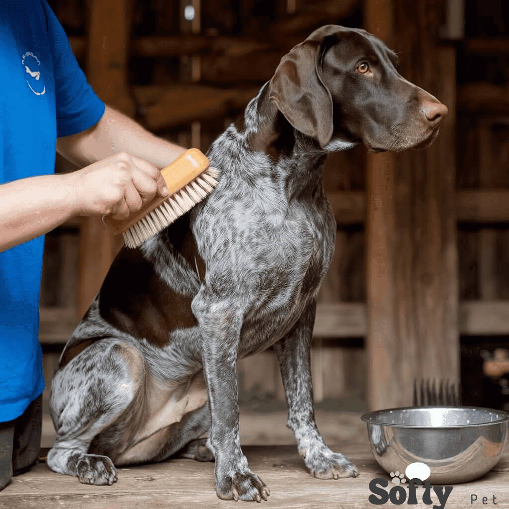  A person's hand brushes the back of a brown and white German Shorthaired Pointer sitting calmly on a wooden bench. A metal food bowl is on the bench next to the dog.