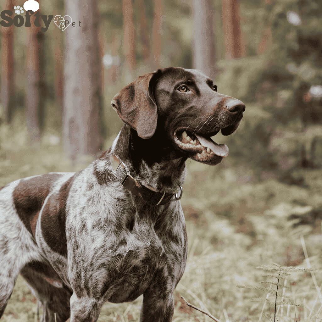 A close-up of a brown and white German Shorthaired Pointer with its mouth slightly open, looking into the distance in a wooded area.