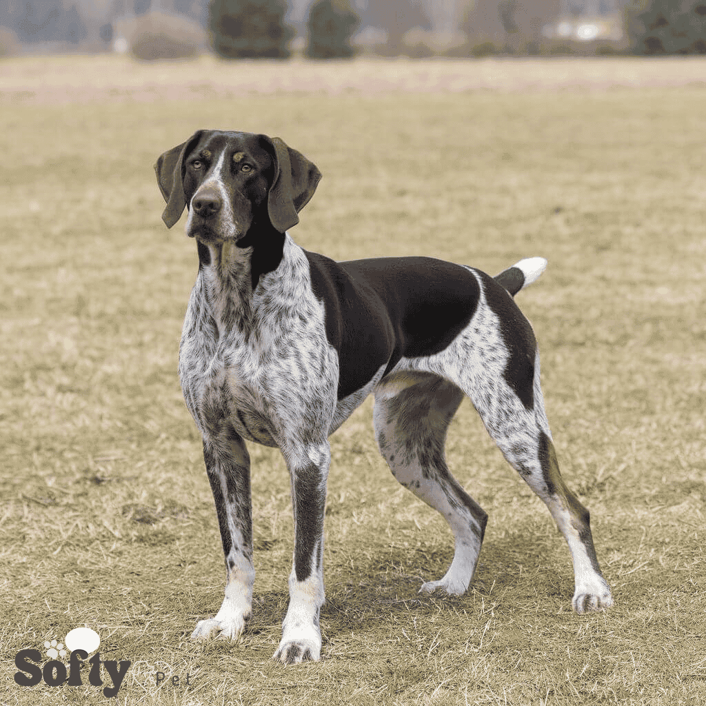 A full-body shot of a well-muscled brown and white German Shorthaired Pointer standing in a field.