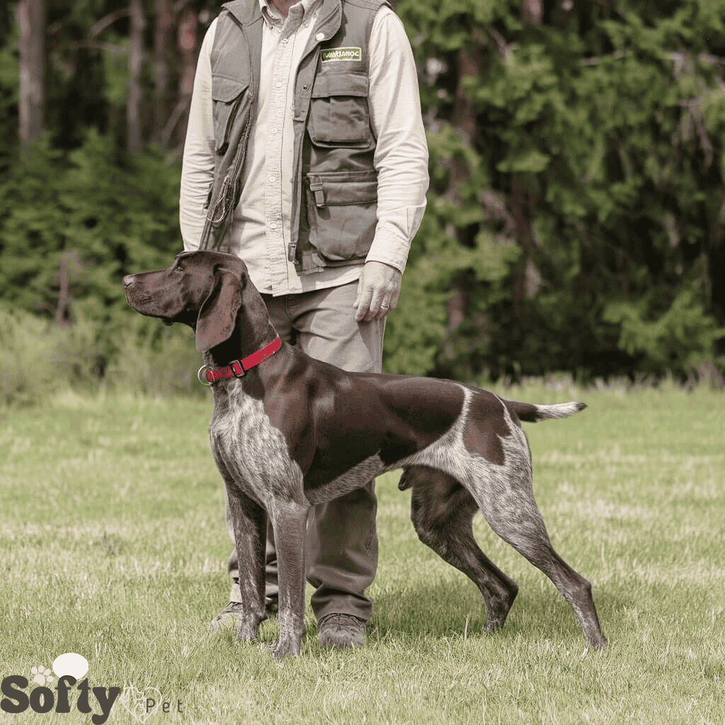 A German Shorthaired Pointer stands in a field next to a person. The dog is alert and facing away from the camera, and the person is holding its leash.