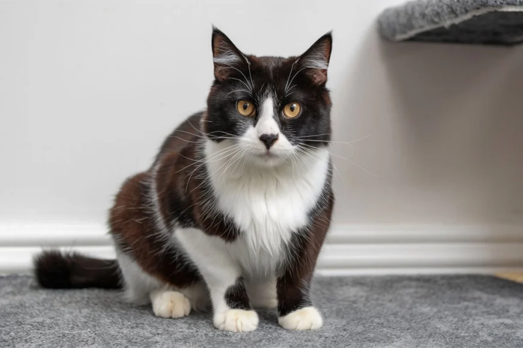 A black and white salty Licorice cat with golden eyes sitting on a gray carpet indoors.