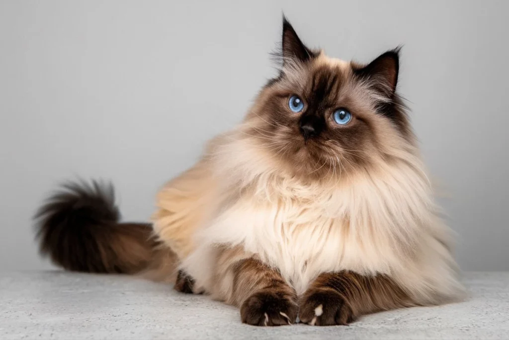 A Balinese cat with a seal point coat and bright blue eyes lying on a light surface against a grey background