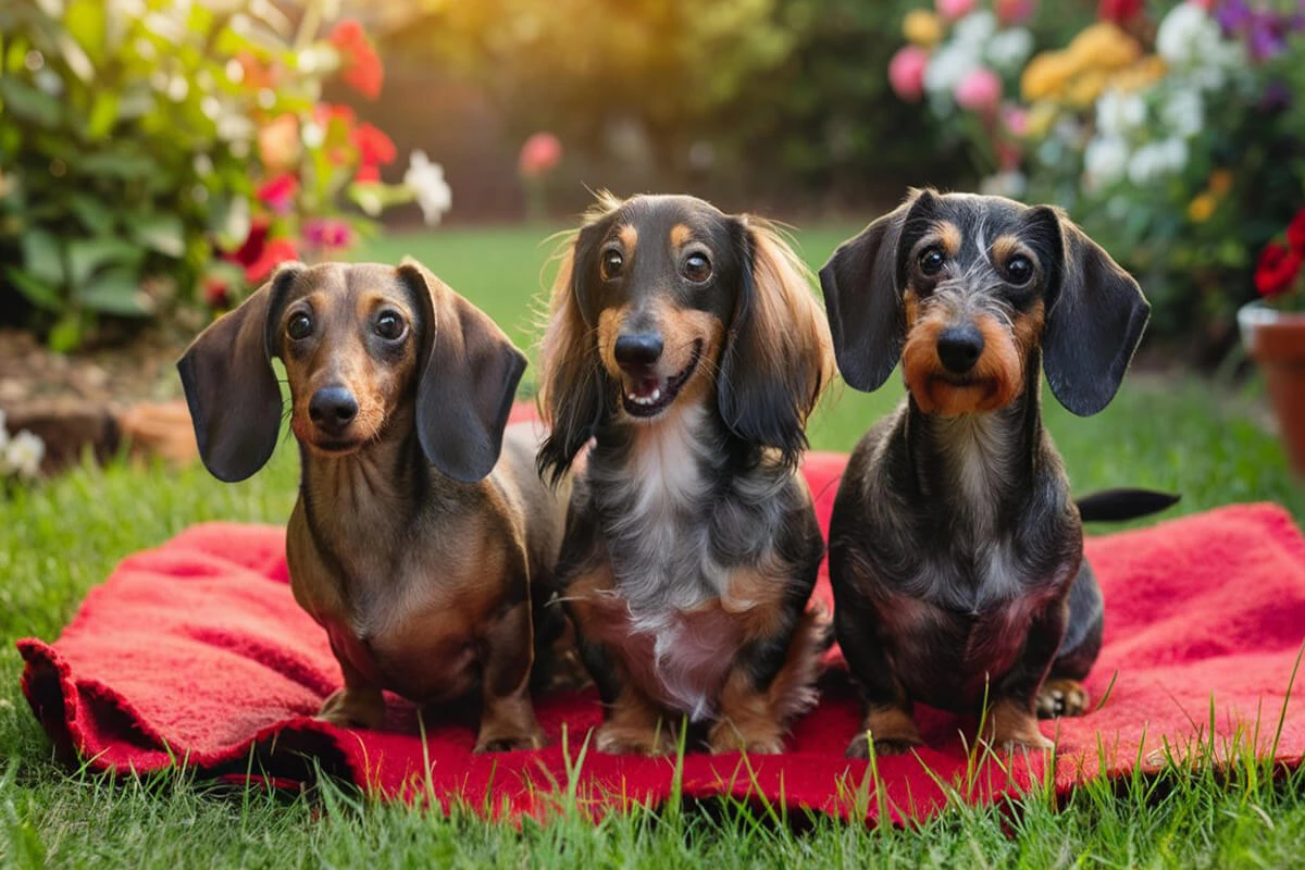 Three dachshund dogs sitting on a red blanket outdoors surrounded by grass and flowers.