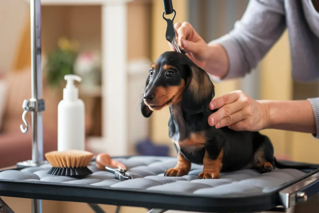 mini dachshund puppy getting groomed on a grooming table, with hands holding grooming tools.