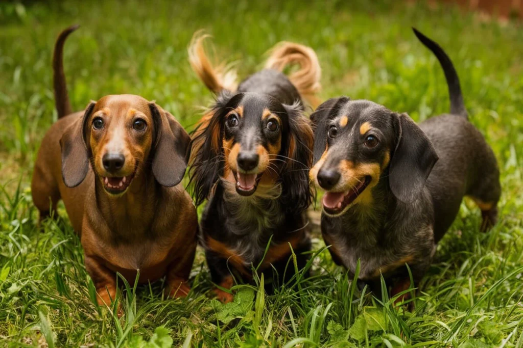 Three dachshund dogs standing on grass outdoors.