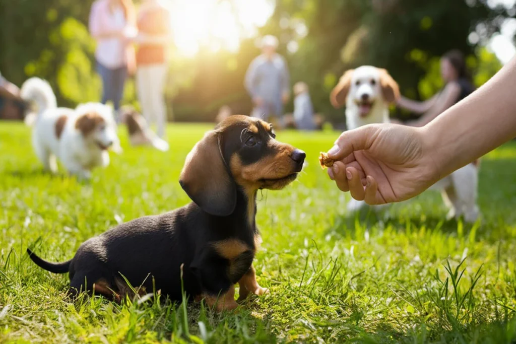 mini dachshund puppy being offered a treat by a human hand, with other dogs and people blurred in the background.