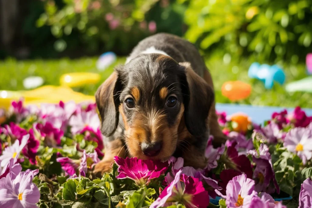  Close up of a dachshund puppy sitting amongst purple and pink flowers