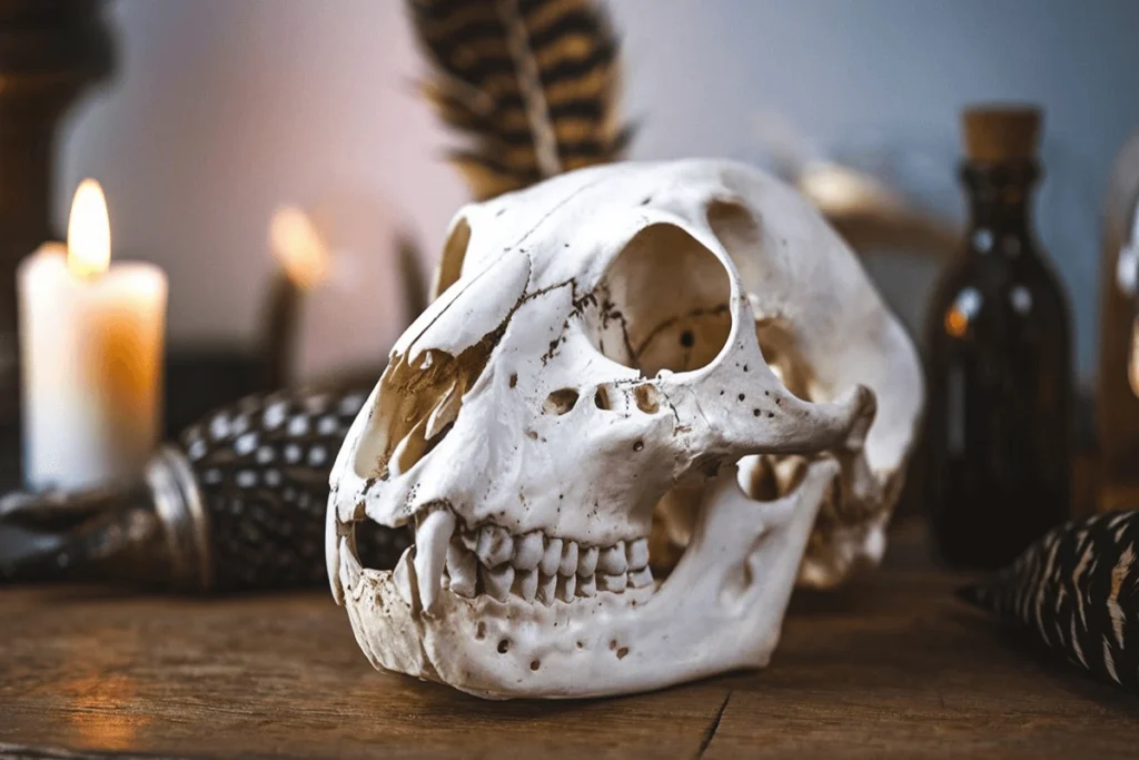 A light-colored animal skull is centered on a wooden surface, surrounded by feathers, a lit candle, and various dark bottles.