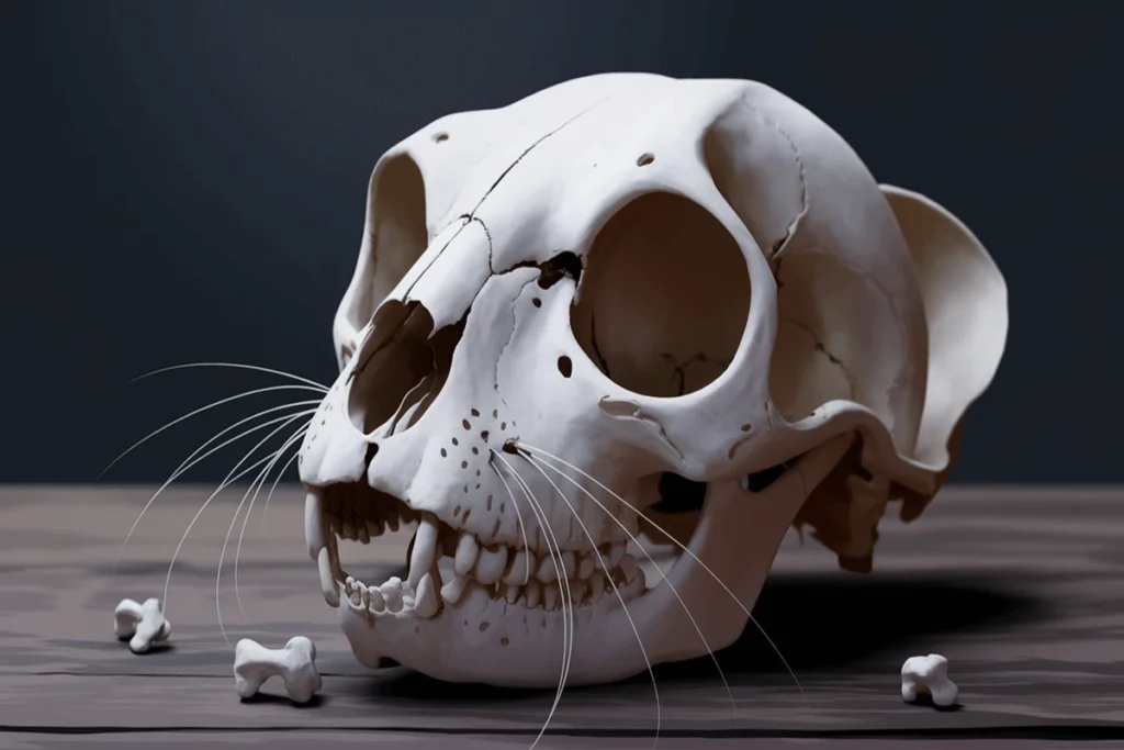 A digital rendering of an animal skull with artificial whiskers and small bone fragments, set against a dark backdrop.